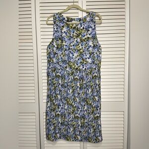 J. Jill Dress Floral Sleeveless Chiffon Pleated Skirt Blue Green Boatneck XL